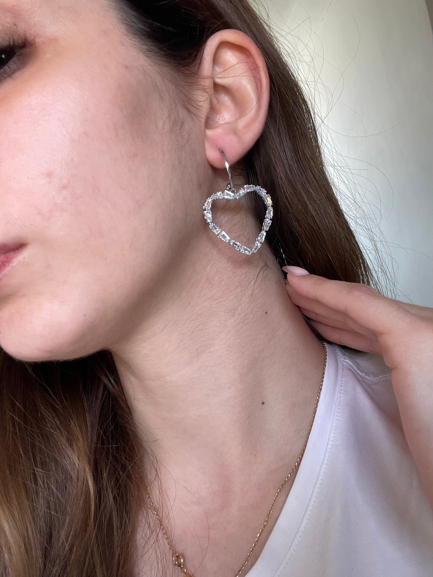 Silver Crystal Heart Hoop Earrings